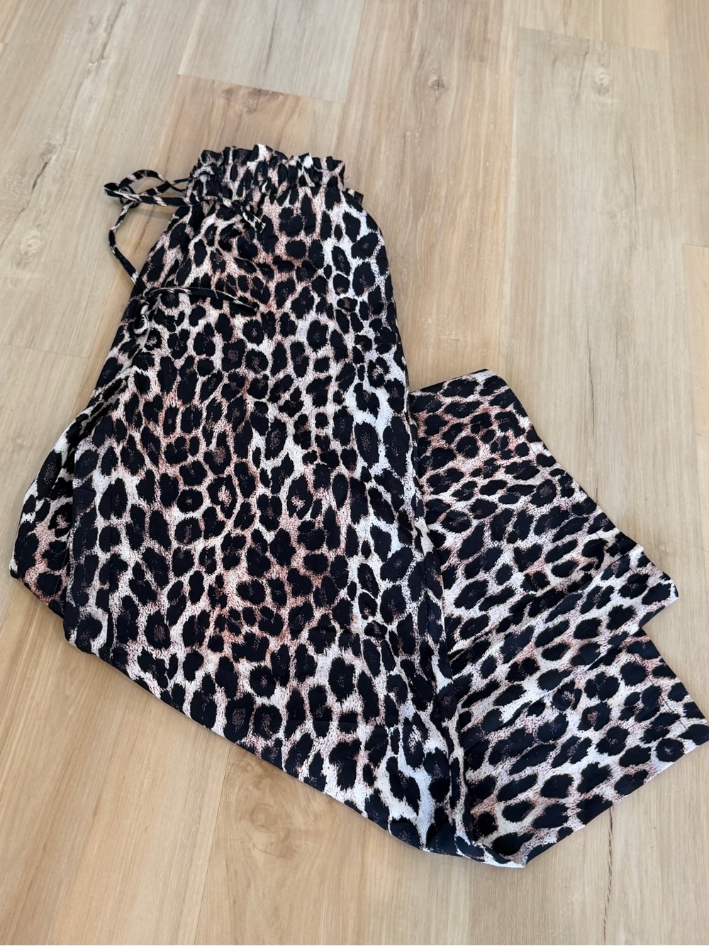 Leopard Print Drawstring Wide-Leg Pants - Black & Brown